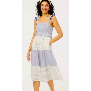 J. Crew White and Blue Smocked Dress